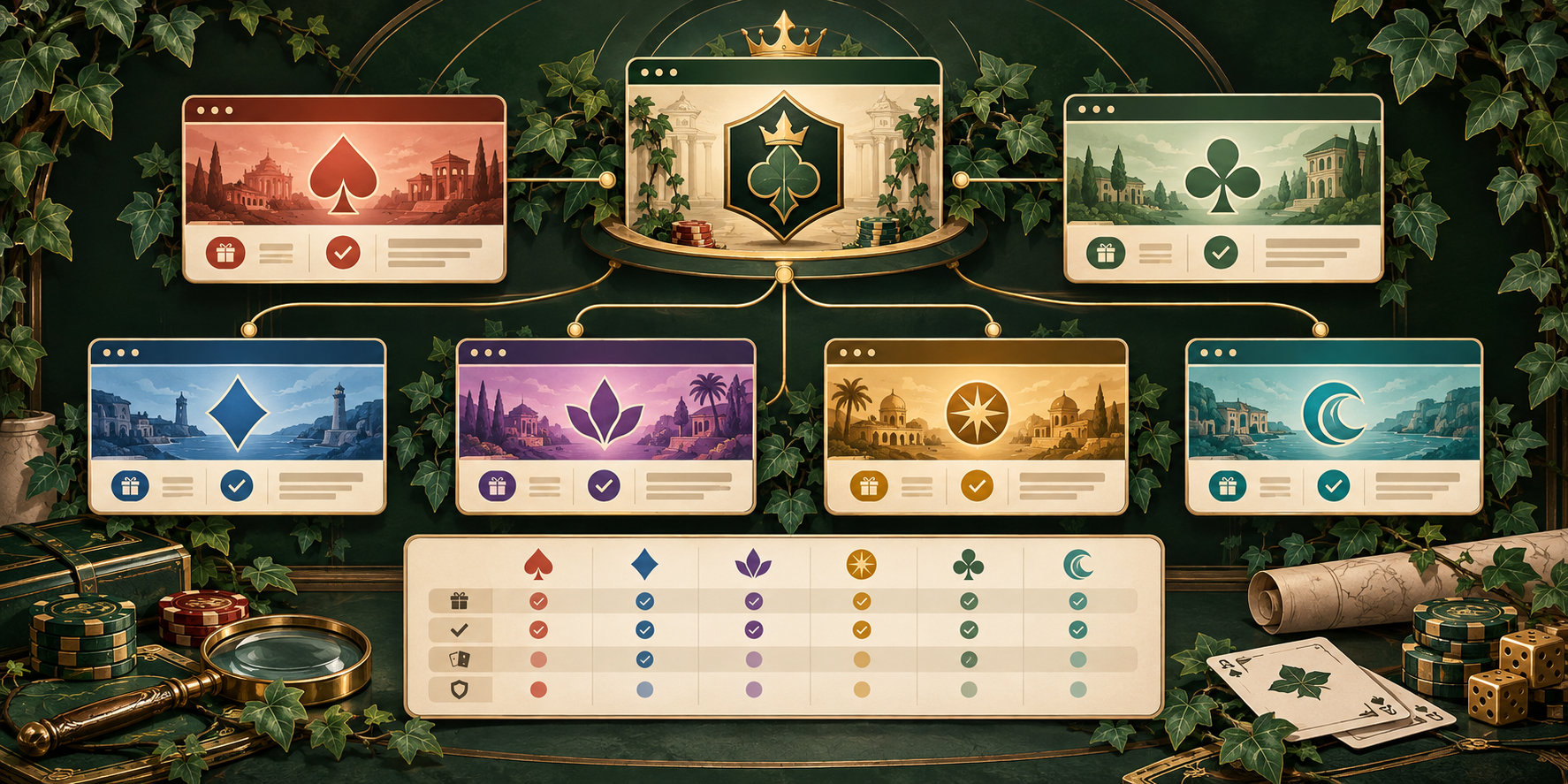 Six distinct casino destinations connected on a route map with a compass and ivy leaves